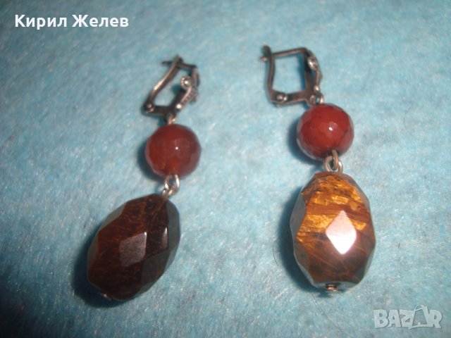 СКЪПОЦЕННИ СРЕБЪРНИ АРТ ОБЕЦИ ОКСИДИРАНО СРЕБРО 925 с ФАСЕТИРАН КАРНЕОЛ и ТИГРОВО ОКО УНИКАЛНИ 25776, снимка 12 - Обеци - 35760011