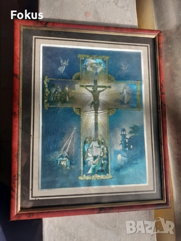 Стара домашна икона хромолитография с рамка кръст религия, снимка 6 - Антикварни и старинни предмети - 53417847