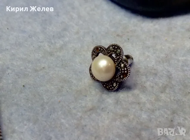 СКЪПОЦЕННА СРЕБЪРНА ПЕРЛЕНА ОБЕЦА СРЕБРО 925 с НАТУРАЛНА БЯЛА ПЕРЛА и ФАСЕТИРАНИ МАРКАЗИТИ 45514, снимка 6 - Обеци - 49757538