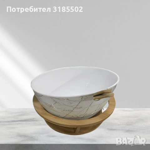 Керамична купа с дървена стойка и мраморен ефект, снимка 4 - Прибори за хранене, готвене и сервиране - 51420612