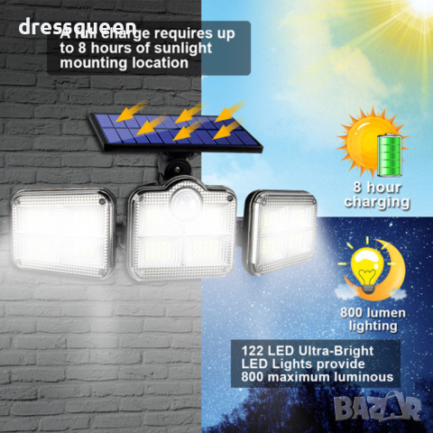 122LED  СОЛАРНА ЛАМПА СЕНЗОР ЗА ДВИЖЕНИЕ И СЕНЗОР ЗА ЗДРАЧ, снимка 5 - Соларни лампи - 44566614