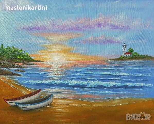 МОРСКИ ПЕЙЗАЖ С ЛОДКИ маслена картина, снимка 2 - Картини - 52466892