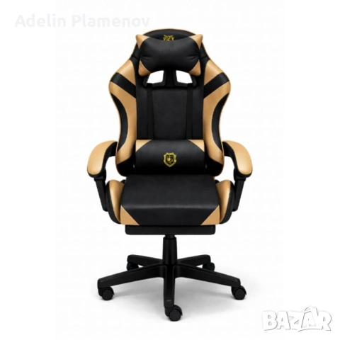 Геймърски стол с масажна функция, лумбална възглавница и поставка за крака – Черен-златист, снимка 6 - Столове - 53483851