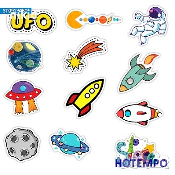 50 бр Космос планети ракета космически самозалепващи лепенки стикери за украса декор картонена торта, снимка 4 - Други - 41717465