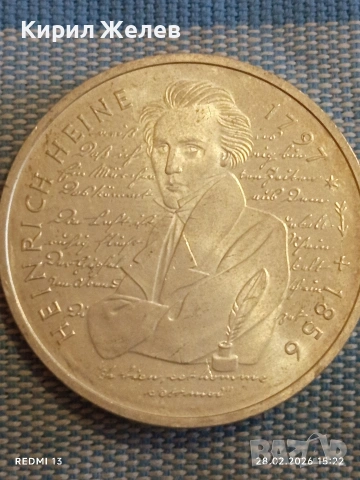 Сребърна монета 10 дойче марки 1997г. ФРГ тема 200г. От рождението на поета Хайнрих Хайне 46241, снимка 5 - Нумизматика и бонистика - 53657055