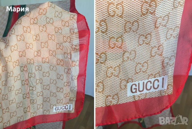 Нов Дамски Шал Gucci Прозрачен Лого Гучи Бежов Червен Зелен, снимка 16 - Шалове - 51826454
