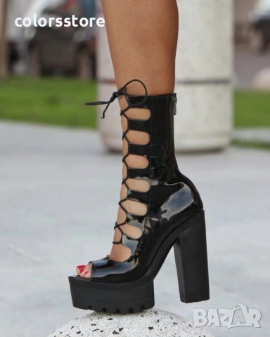 Летни боти на ток - черен лак - 101