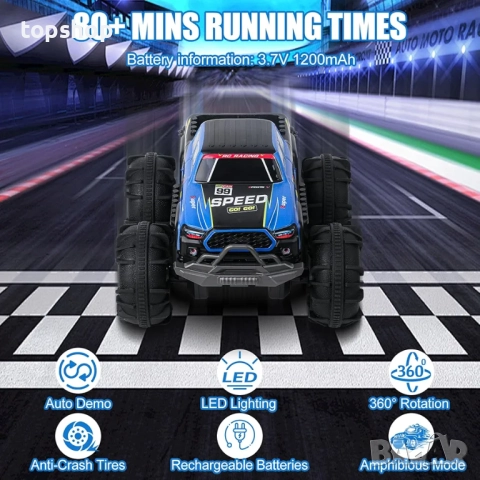 Чисто нова с 2 батерии кола амфибия с дистанционно управление, офроуд RC кола, въртяща се на 360° RC, снимка 3 - Коли, камиони, мотори, писти - 52048652