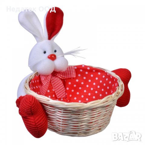 Великденска декорация, 3D заек с плетена кошница , 19x9 см, Червено/ бяло/ точки , снимка 1 - Декорация за дома - 39994284