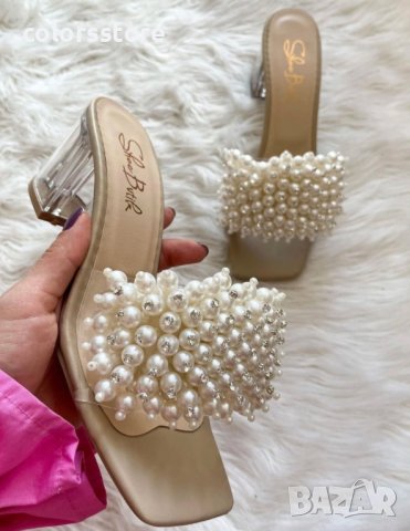 Чехли на ток - бежови с перли - KP60