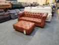 Кафяв кожен диван тройка и табуретка тип Честърфийлд, снимка 5