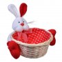 Великденска декорация, 3D заек с плетена кошница , 19x9 см, Червено/ бяло/ точки 