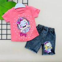 Комплект от дънкови къси панталонки с тениска, снимка 3 - Детски комплекти - 41291416