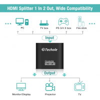 Techole 4K HDMI сплитер - 2-посочен, алуминиев, 1.4 HDCP Bypass, 4K@30Hz 1080P 3D за PS4 Xbox Sky Bo, снимка 4 - Кабели и адаптери - 36234901