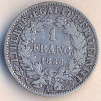 Франция 1 франк 1888 година, сребро, снимка 1 - Нумизматика и бонистика - 41524236