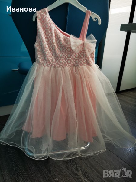 Детска официална рокля с тюл и дантела в бяло/розово за 6г, снимка 1