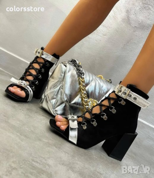 Летни боти на ток - черен велур със сребриста каишка - BK55, снимка 1