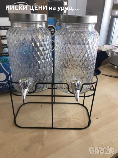 Комплект стъклени буркани с кранче и поставка , снимка 1