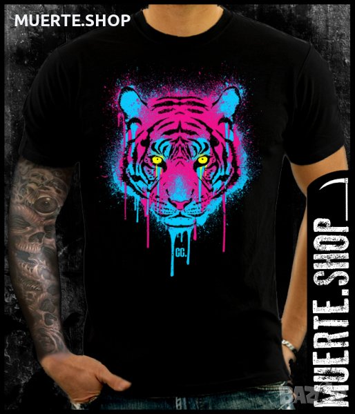Черна тениска с щампа NEON TIGER, снимка 1
