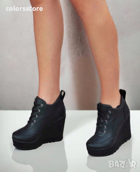 Боти на платформа - черна кожа - NO4, снимка 1