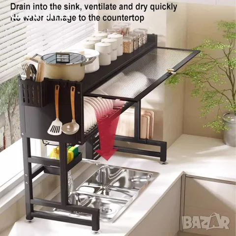 Мултифункционален Отцедник за съдове Над мивка, С врата, С поставка за прибори, 2 нива, Черен, снимка 2 - Други стоки за дома - 50384154