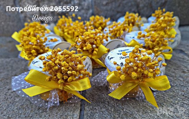 Бурканче с мед подарък за кръщене/сватба - декорирано със сухи цветя и етикет, снимка 6 - Подаръци за кръщене - 42353683