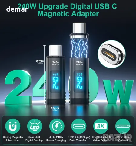 HanCenDa 2 бр. цифров USB-C магнитен адаптер, 24-пинов прав USB-C мъжки към женски адаптер, PD 240W, снимка 5 - Друга електроника - 49881025