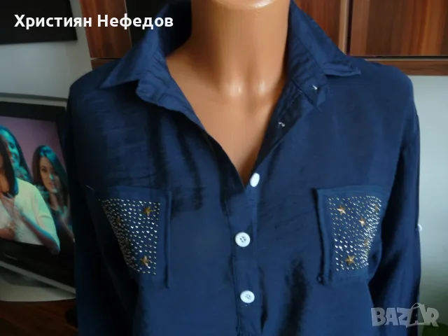 Синя риза с ефектни джобове, снимка 2 - Ризи - 56215399