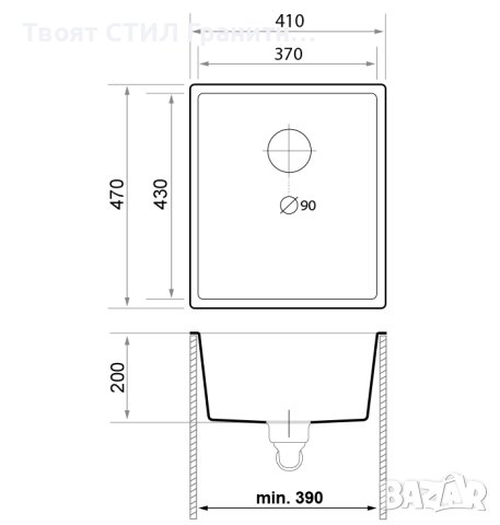 Кухненска Мивка от гранит модел Лондон 45 Slim 410 x 470 mm - сива, снимка 3 - Други - 40732910