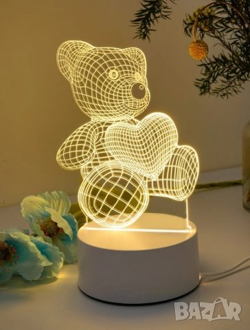 Лед нощна лампа мече със сърце за подарък 