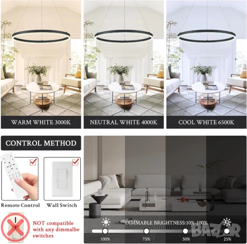 Модерно ЛЕД LED полилей 80см пръстен черен димируем дистанционно №1, снимка 8 - Лампи за таван - 51110539