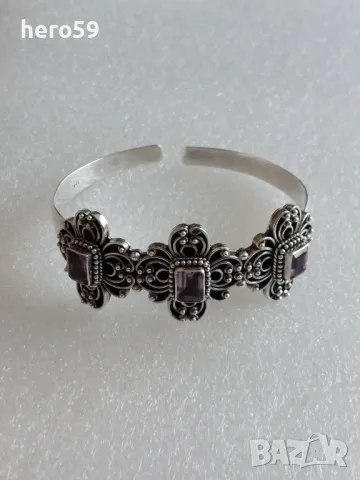 Сребърна гривна,тип рогатка с инкрустирани аметисти сребро 925, снимка 7 - Колиета, медальони, синджири - 47999184