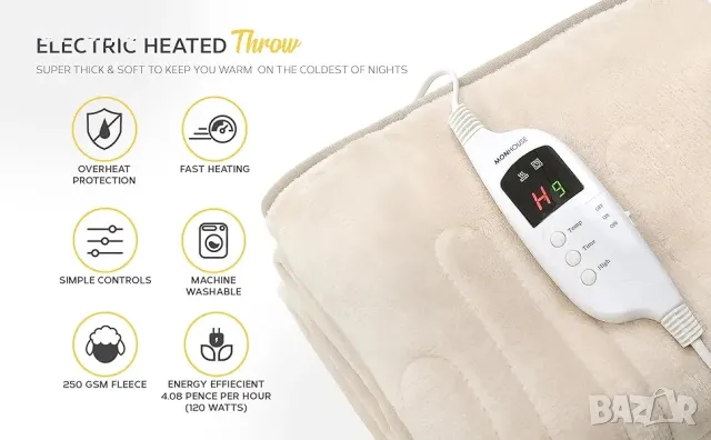 Луксозно поларено електрическо одеяло MONHOUSE 130X160 см 120W/Цифров контролер/9 настройки/Таймер