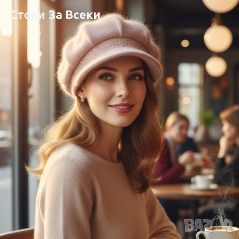 Елегантна зимна плетена шапка с козирка и камъчета, снимка 5 - Шапки - 52691791