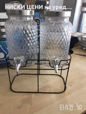Комплект стъклени буркани с кранче и поставка 