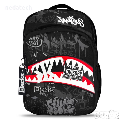 Ученическа раница DECKS, Черно - Бял, 33x18x48см., снимка 3 - Ученически пособия, канцеларски материали - 51481982