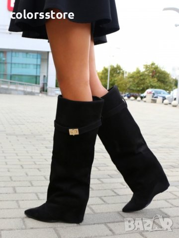 Ботуши на платформа - черен велур - K-40, снимка 3 - Дамски ботуши - 39300932