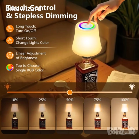 LED настолна лампа, безжична, презареждаща се, с тъч контрол, 3 цветови температури – 2 броя НОВИ, снимка 4 - Лед осветление - 53639322