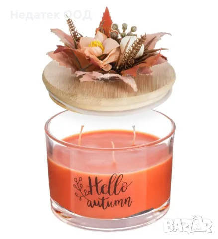 Свещ в стъклен буркан,  дървен капак, аромат на канела, Ø13x8cm