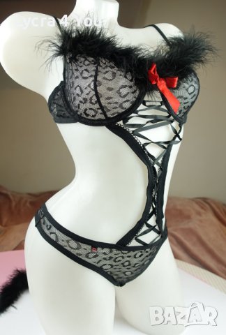 Obsessive S еротично черно тюлено боди с пух и опашка, снимка 2 - Бельо - 44318034