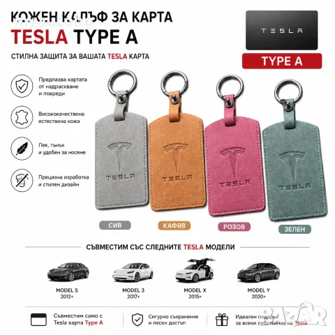 Кожен калъф за Tesla карта (Type A) – Model S 3 X Y – 4 цвята