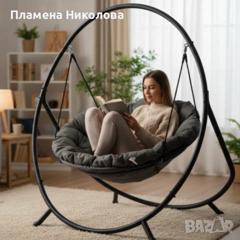 Висящ стол PATIO с тъмносива  възглавница и сива рамка - стилен акцент за всеки дом и градина, снимка 4 - Градински мебели, декорация  - 53813179