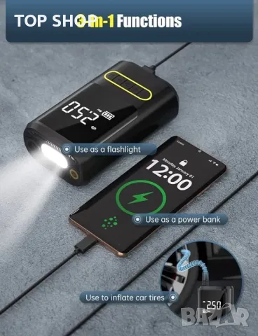 Нагнетател за гуми Oasser, преносим въздушен компресор, безжична въздушна помпа за автомобилни гуми, снимка 4 - Аксесоари и консумативи - 48792056