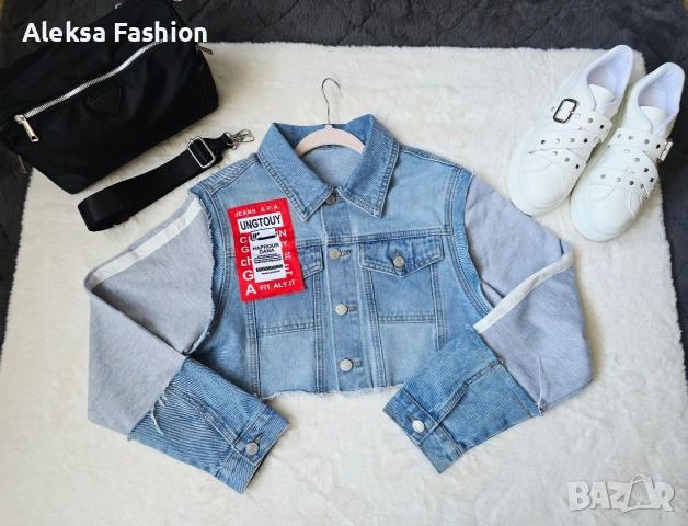 Дамско късо дънково яке с ръкави от плат , снимка 3 - Якета - 52819452