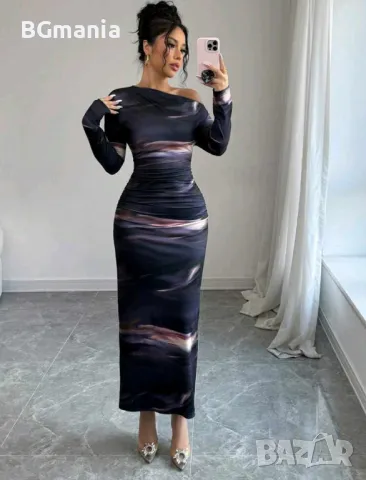 Елегантна дълга рокля лилаво едно рамо дълъг ръкав размери М и Л, снимка 3 - Рокли - 48968704