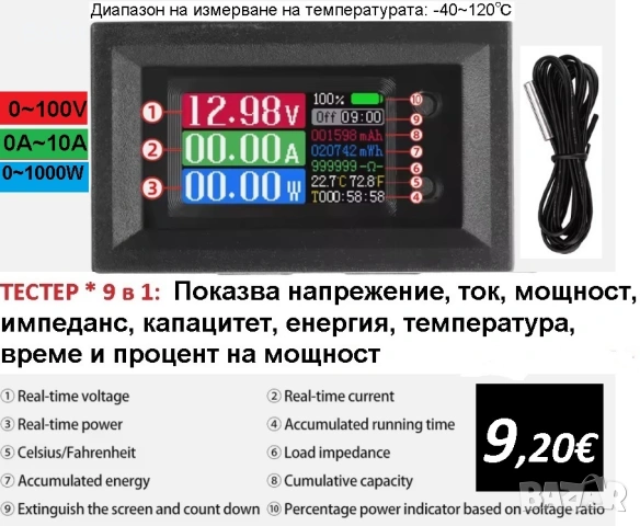 Тестер комбиниран 9 в 1 за измерване на ток до 100V - 10A