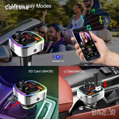Bluetooth 5.0 FM трансмитер, QC3.0, MP3 плейър, Hands Free, 2 USB порта, RGB LED подсветка, слот за , снимка 2 - Аксесоари и консумативи - 36007850