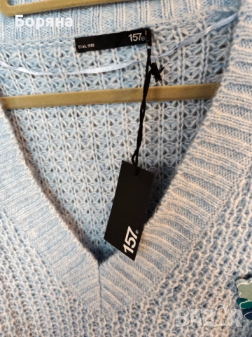 Нов син пуловер бранд 157 LEGER с брошка облак дъжд, снимка 6 - Блузи с дълъг ръкав и пуловери - 53501596