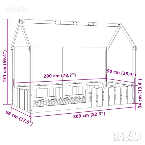 vidaXL Рамка за детско легло къща, бяла, 90x200 см, борово дърво масив, снимка 9 - Спални и легла - 56148223