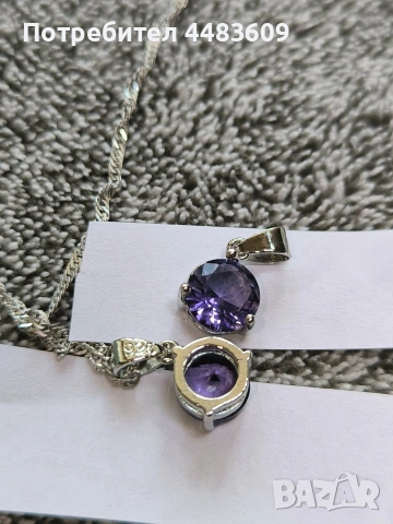 Сребърно колие с лилав цирконии , снимка 4 - Колиета, медальони, синджири - 53712918